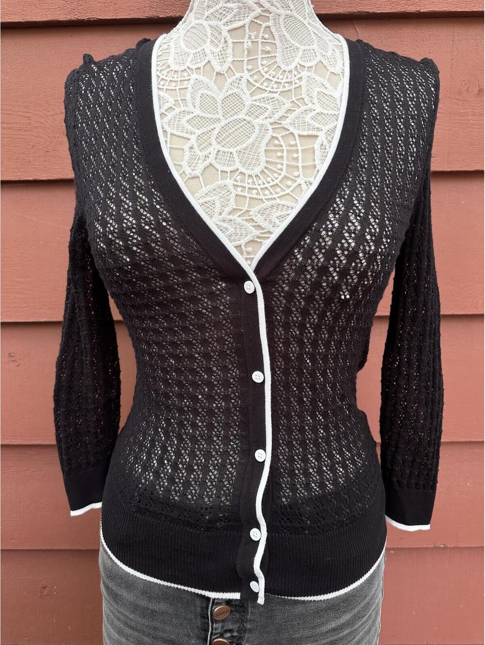 H&M Sheer Black Knit Cardigan with White Trim Lightweight Layering Top